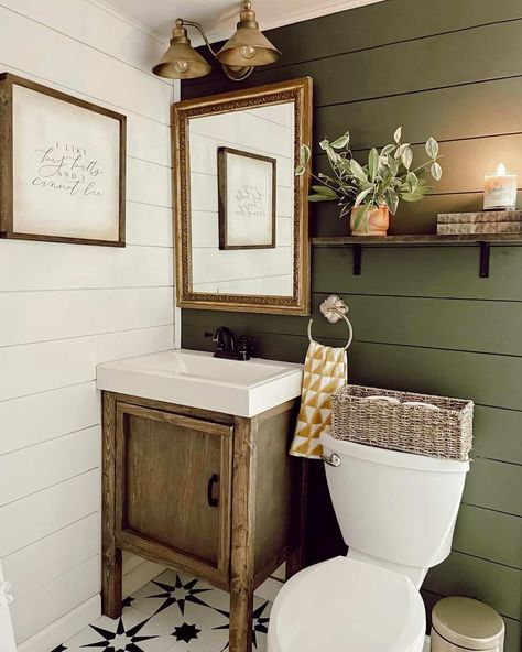 Shiplap Half Bath with Accent Wall - Soul & Lane Cozy Bathroom Aesthetic, Jack And Jill Bathroom Ideas, Farmhouse Half Bath, Olive Green Bathrooms, Small Half Bathroom, Windowless Bathroom, Dark Green Bathrooms, Farmhouse Bathroom Design, Shiplap Bathroom