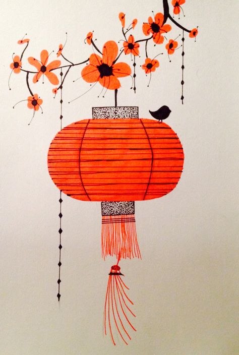 Chinese Lantern                                                                                                                                                      More Lantern Drawing Ideas, Chinese Lantern Drawing, Chinese Lanterns Diy, Lantern Drawing, Chinese Drawing, Chinese Drawings, Asian Cards, Chinese Illustration, Arte Doodle