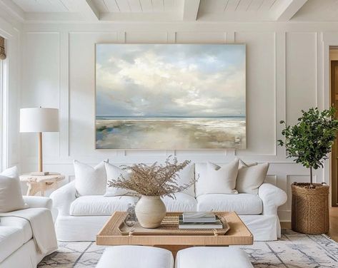 Large Sky and Sea Painting Beach Scene Painting Original Large Ocean Canvas Painting Blue Green Sky Painting Living Room Canvas Painting - Etsy Art Behind Couch, Neutral Coastal Living Room, Abstract Seascape Paintings, Living Room Coastal, Sea Abstract, Neutral Artwork, Seascape Canvas, Seascape Wall Art, Sky Painting