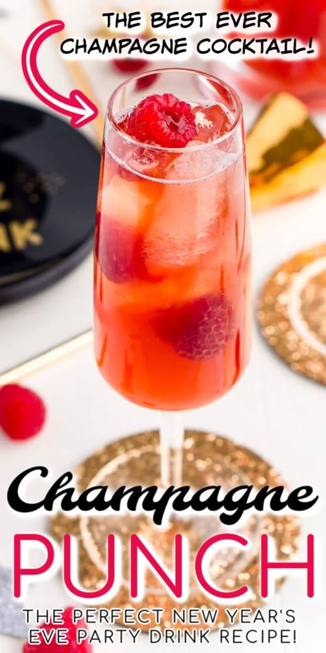 New Year's Eve Champagne Punch is loaded with Triple Sec, blackberry brandy, Chambord, pineapple juice, ginger ale, and champagne for a drink that's sure to be a big hit with all your New Year's Eve party guests! Pink Champagne Punch Recipes, Champagne Punch Bowl, New Years Eve Pitcher Cocktails, Large Batch Champagne Cocktails, Champagne Punch Recipes For A Crowd, New Year’s Eve Punch, Champagne Punch For A Crowd, Punch With Champagne, New Years Eve Punch