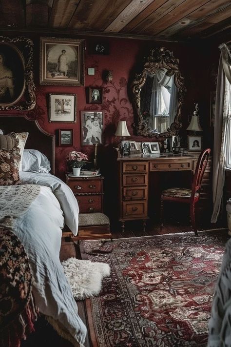 Witches Bedroom Aesthetic, Dark Academia Bedroom Inspo Vintage, Romantic Goth Room Decor, Dark Vintage Aesthetic Room, Vintage Inspired Bedroom Ideas, Dark Antique Bedroom, Vintage Apartment Aesthetic Bedroom, Dark Romantic Decor, Dark Cottagecore Interior