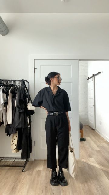 Tomboy Work Outfit Summer, Teaching Outfits Pants, Black Work Outfit Summer, Work Outfits For Creatives, Goth Work Outfits Summer, Black Long Shirt Outfit, Black Outfit For Work, Black Shirt Dress Outfit Casual, How To Style Black Dress Pants