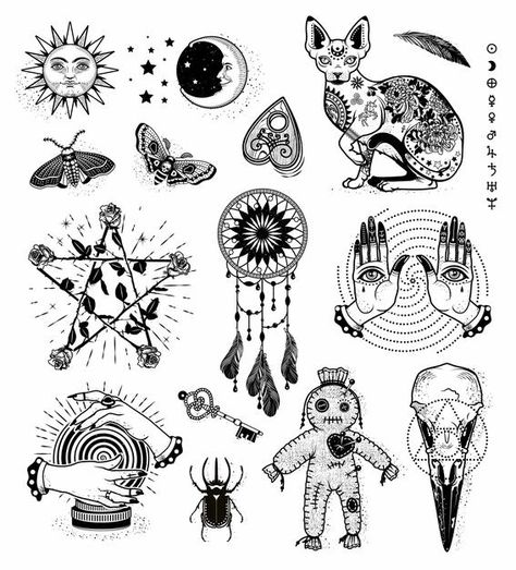 Occultism set | Premium Vector #Freepik #vector #vintage #halloween #star #hand Flash Art, Patchwork, Crystal Illustration, Hand Silhouette, Esoteric Symbols, Alchemic Symbols, Image Svg, Contemporary Illustration, Tattoo Flash Art