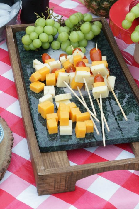 Cheese and tomato shish kabobs on a soapstone with fresh grapes and cheese cubes Fun, Fast, and Fantastic. Food on Sticks. Ideas for Easy Summer Entertaining. Cheese Cubes Appetizers, Cheese On A Stick, Graduation Cookout, Cheese Kabobs, Creative Drinks, Grapes And Cheese, Cheese Squares, Cocktail Sausages, Life Plans