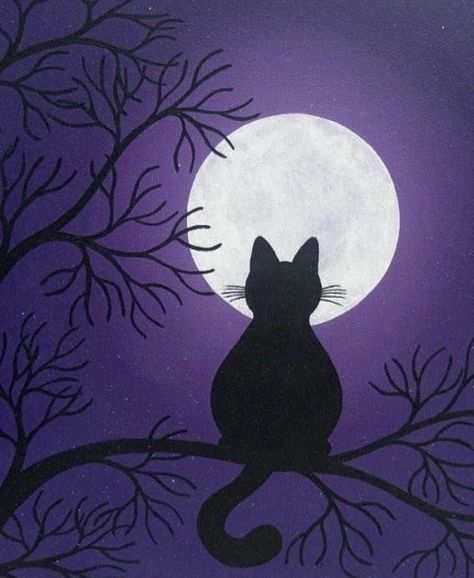 Moonlight Painting, Painting Cat, Image Chat, Easy Canvas Art, A Black Cat, Halloween Painting, Night Painting, Cat Painting, Diy Canvas Art