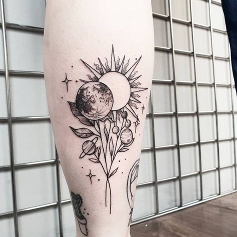 Floral Celestial Tattoo, Celestial Thigh Tattoo, Space Flower Tattoo, Large Celestial Tattoo, Celestial Blackwork Tattoo, Celestial Tattoo, Planet Tattoos, Circle Tattoos, Hip Tattoos Women