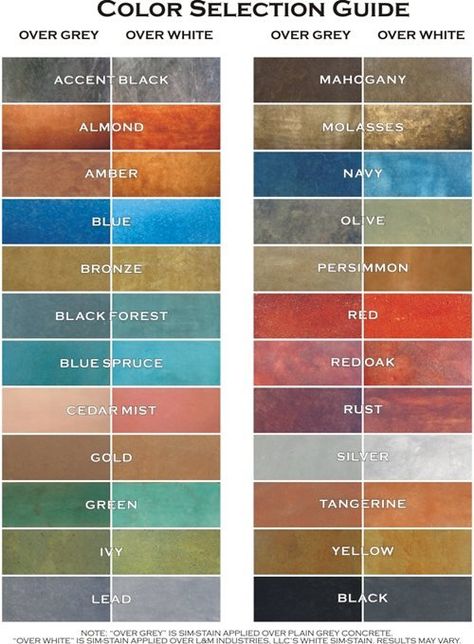 SimStain Color Chart - The Concrete Network Concrete Stain Colors, Concrete Dye, Stain Concrete, Concrete Stain, Acid Stained Concrete, Concrete Resurfacing, Concrete Patios, Acid Stain, Concrete Stained Floors