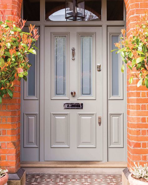 Heritage grey Victorian front door and solid door frame with side lights. Opaque etched glazing and polished chrome door furniture complete the look. Grey Front Door, Victorian Front Door, Front Doors Uk, Grey Front Doors, Victorian Front Doors, Cottage Front Doors, Front Door Inspiration, Traditional Front Doors, Front Door Styles