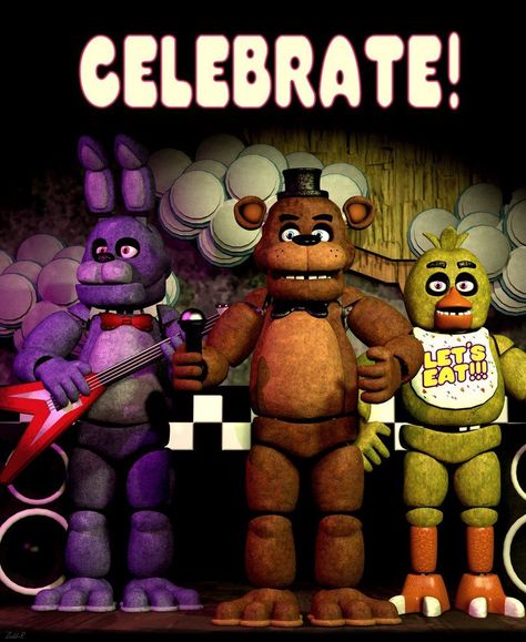 It has the three robots in it Fnaf Backgrounds, Toy Bonnie, Man Cave Wall Decor, Survival Horror Game, Animatronic Fnaf, Fnaf Wallpapers, Fnaf 1, Fnaf Memes, Freddy Fazbear