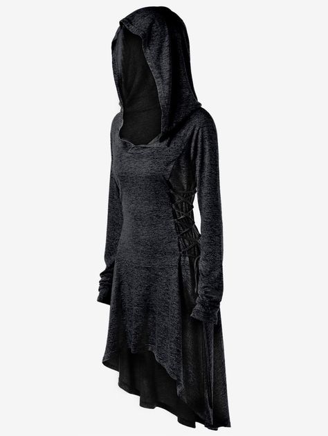 I dont know ehy i lile this...Sinister looking hooded extra long sleeve Lace Up Dip Hem Hoodie - Big Size Outfit, Boho Mode, Long Hooded Sweatshirt, Mode Boho, Hooded Dress, Plus Size Hoodies, Sammy Dress, Ladies Dress Design, Curvy Fashion