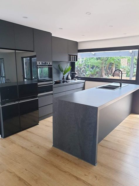 Black Benchtop Kitchen, Black Stone Kitchen, Stone Island Bench, Black Benchtop, Bali Living, Black Cabinetry, Black Appliances, Island Bench, Black Kitchen Cabinets