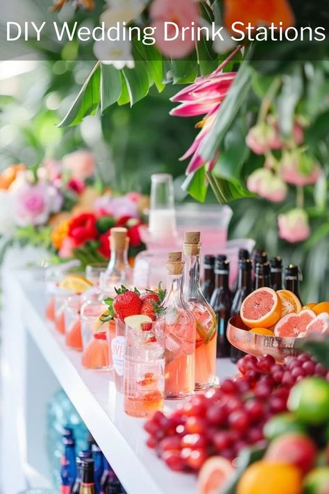 Planning a wedding and want to wet your guests' whistles in style? Look no further than the trend of DIY drink stations! These interactive beverage experiences are taking the wedding world by storm, offering a perfect blend of entertainment and refreshment. Read on to discover how you can raise a glass (or mix one!) to love with these creative ideas. Wedding Drink Stations, Drink Station Ideas, Boho Event, Summer Party Drink, Diy Cocktail Bar, Wedding Drink Bar, Side Hussle, Drink Stations, Wedding Drink Station