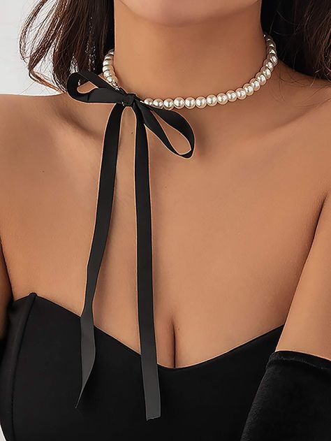 1pc Elegant Black Velvet Bow Choker Necklace With Faux Pearl Chain, Y2k Style Women's Accessary | SHEIN USA Black Ribbon Choker Necklace, Black Ribbon Choker, Ribbon Choker Necklace, Bow Choker, Vacation Jewelry, Black Velvet Bow, Ribbon Choker, Pearl Beach, Trending Necklaces