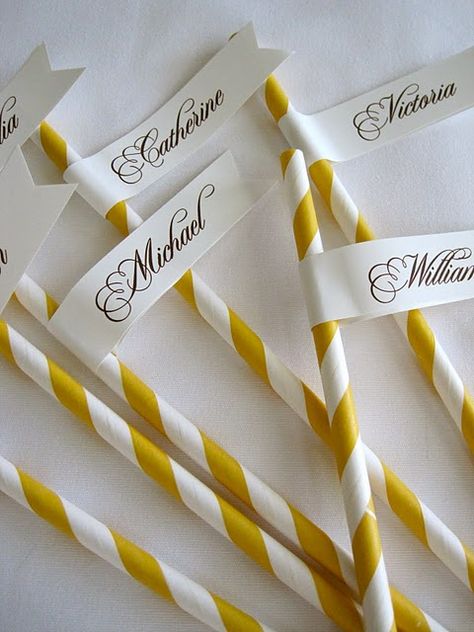 Name tags on paper drinking straws, cool idea and easy to do. $1.15 for 12 pieces, buy more to get discounts! #wedding #ideas Stick Candy, Straw Tags, Glen Echo, Make Way For Ducklings, Drink Tags, Baby Gender Reveal Party, Mad Hatter Tea, Mad Hatter Tea Party, Baby Gender Reveal