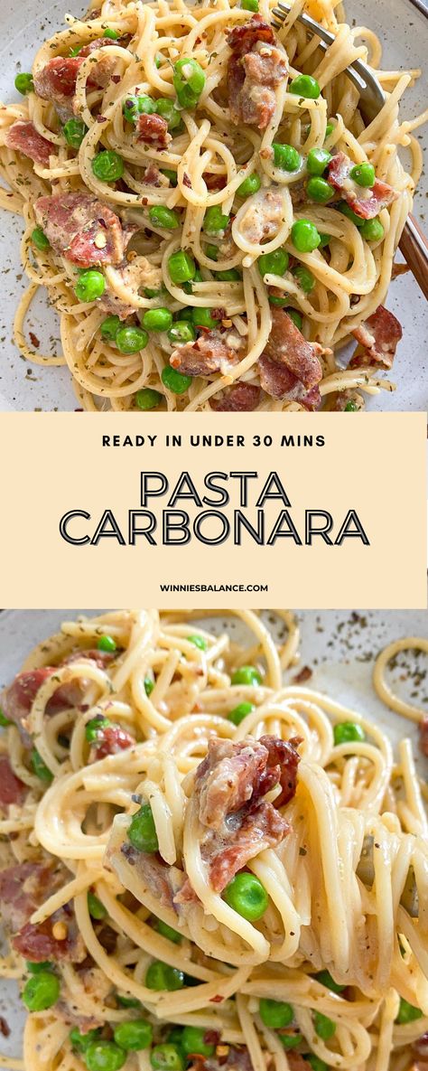 Pasta Carbonara - WINNIESBALANCE Pasta Carbonara Recipe With Peas, Recipe With Spaghetti Noodles, Cabonara Recipes, Recipes With Spaghetti Noodles, Best Carbonara Recipe, Carbonara Pasta Sauce, Pasta With Peas And Bacon, Carbonara Pasta Creamy, Bacon Peas