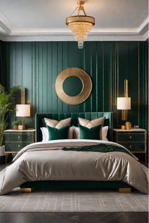 Stylish bedroom featuring art deco wallpaper and moody lighting Bedroom Ideas Art Deco, Art Deco Wallpaper Bedroom, Emerald Green Room Ideas Bedroom, Hotel Bedroom Aesthetic, Bedroom Art Deco, Green Room Ideas Bedroom, Bedroom Aesthetic Vintage, African Bedroom, Nyc Bedroom