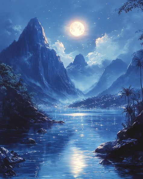 Experience the serene beauty of a moonlit lagoon! 🌙💧 This illustration features bioluminescent vegetation and misty mountains, with cool, ethereal colors and celestial patterns in the night sky. Perfect for adding a tranquil and otherworldly touch to your space. 🌌🌿 #AnimeArt #MoonlitLagoon #BioluminescentNature #MysticalLandscapes #CelestialPatterns #EtherealArt #NatureWallpaper #TranquilScene #ArtisticEscape Moonlit Night, Misty Mountains, Velvet Sky, Mountain Art, Ethereal Art, Nature Wallpaper, Night Skies, Anime Art, Instagram