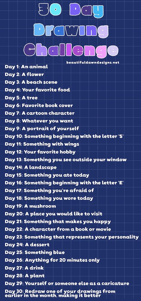 Looking to ignite your creative side? Try the 30 Day Drawing Challenge! Whether you're an artist by trade, a hobby doodler, or a complete beginner, this challenge is for everyone. With daily prompts ranging from "draw something you've never drawn before" to "draw your favorite animal," you'll be challenged to break out of your comfort zone and explore new techniques and styles. Improve Art, 30 Day Art Challenge, Art Journal Challenge, 30 Day Drawing Challenge, Daily Prompts, Drawing Ideas List, Creative Drawing Prompts, Drawing Prompt, How To Get Better