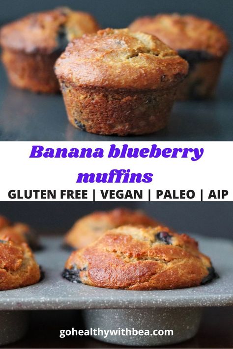 Gluten Free Banana Blueberry Muffins (vegan, paleo, AIP) Aip Blueberry Muffins, Aip Banana Muffins, Aip Breakfast Muffins, Aip Muffin Recipes, Aip Banana Recipes, Aip Snacks Easy, Aip Breakfast Recipes Easy, Aip Recipes Breakfast, Easy Aip Recipes