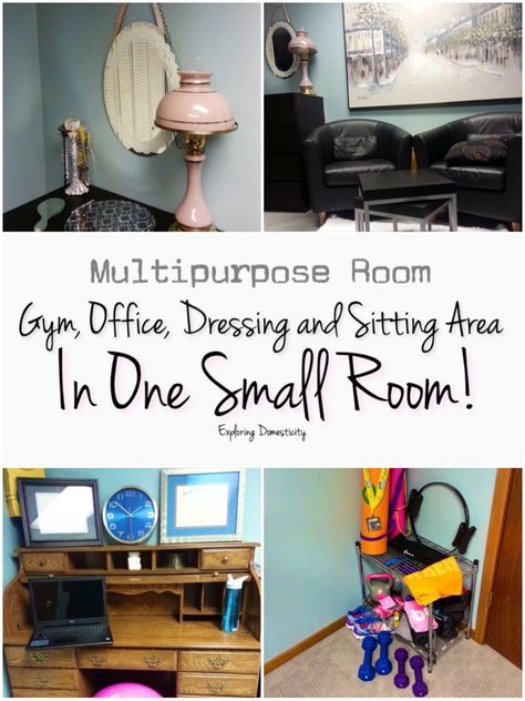 Multipurpose room: gym, office, dressing and sitting area in one small room! Office And Workout Room Combo, Home Workout Area, Home Decor Small Spaces, Decor Small Spaces, Room Workout, Workout Room Decor, Multipurpose Office, Home Office/gym, Room Gym