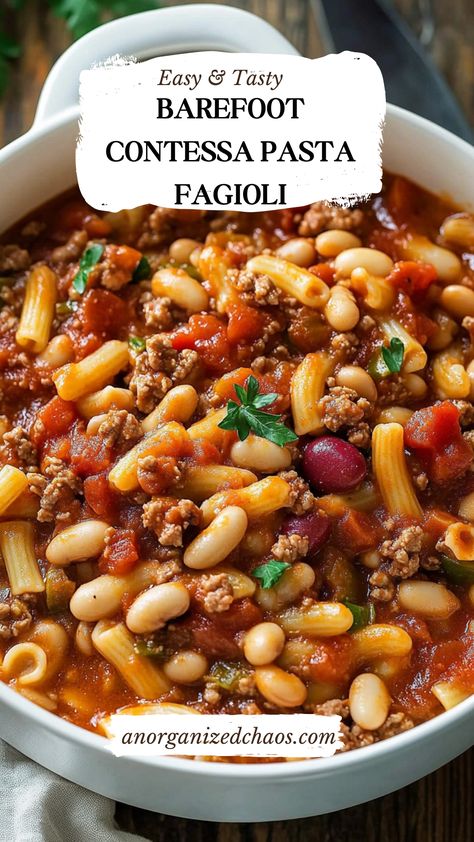 "Cozy up with the ultimate **Barefoot Contessa Pasta Fagioli Recipe**! This hearty, comforting Italian soup is packed with tender pasta, creamy beans, and rich, savory flavors. Perfect for chilly nights or an easy weeknight dinner, this classic dish is a must-try for anyone craving authentic Italian comfort food. Save this pin for your next satisfying meal idea!" One Pot Pasta Fagioli Soup, Healthy Pasta E Fagioli Soup, Pasta Fagioli Soup Ina Garten, Pasta A Fagioli Soup, Recipe For Pasta Fagioli Soup, Italian Fagioli Soup, Italian Pasta Fagioli Recipe, Pasta Fagioli Recipe With Sausage, Pasta Fagioli Healthy