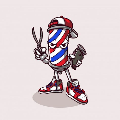 Mascota de la barbería | Premium Vector #Freepik #vector #dibujos-animados #peluquero #peluqueria #corte-pelo Barber Clothing, Barber Pictures, Barber Shop Interior, Barber Tattoo, Barber Man, Barber Logo, Dope Cartoons, Barbershop Design, Barber Pole