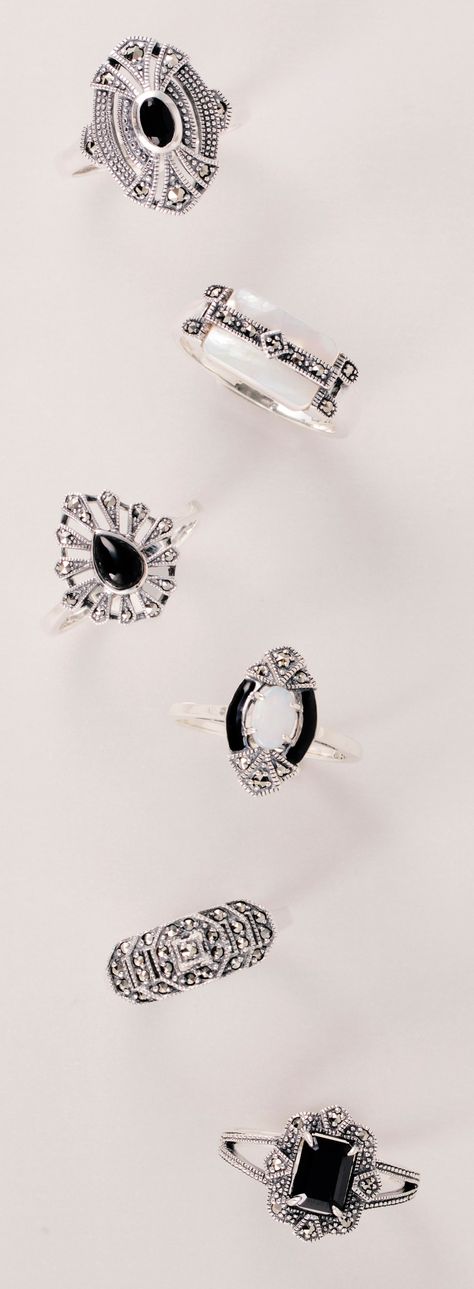 A beautiful selection of Gemondo Art Deco sterling silver marcasite rings set with onyx, spinel, opal, mother of pearl and more. Draw Jewelry, Marcasite Rings, Rings With Gemstones, Silver Rings Set, Graduation Rings, Silver Diamond Jewelry, Indian Jewelry Earrings, Marcasite Jewelry, Cowgirl Bling