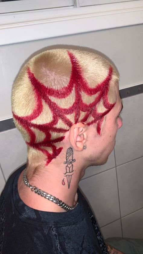 Skull Hair Design, Dyed Hair Designs Shaved Head, Buzz Colored Hair, Shaves Head Designs, Hair Dye Ideas For Buzzcut, Shaved Bleached Hair With Designs, Buzzed Head Design Men, Bleach Head Designs, Buzzed Hair Dye Ideas