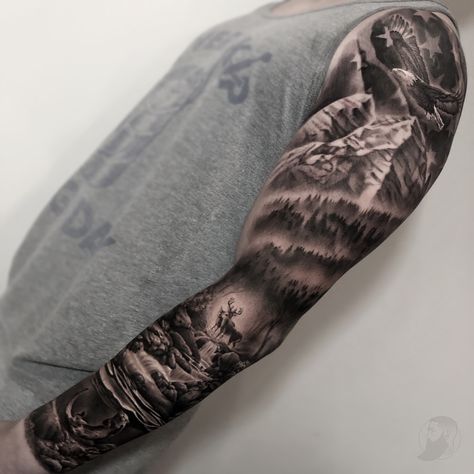 Nature Full Sleeve Tattoo For Men, Native American Nature Tattoo, Outdoor Tatoos Men, Outdoor Arm Sleeve Tattoo, Nature Sleeves For Men, Full Sleeve Nature Tattoo, Mens Outdoor Tattoo Sleeve, Men’s Nature Sleeve Tattoo, Outdoor Scene Tattoo