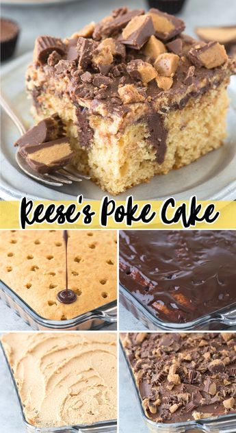 Peanut Butter Chocolate Poke Cake is the ultimate EASY reese’s cake! Start with a yellow cake mix and add peanut butter to make an easy peanut butter cake. Poke holes all over the cake and drizzle with chocolate ganache. Top the cake with peanut butter chocolate frosting and chopped reese’s cups. #pokecake #peanutbutterchocolatepokecake #reesescake #reesespokecake Reese Poke Cake Recipes, Reese Cup Birthday Cake, Poke Hole Cakes, Reese Peanut Butter Cake Recipe, Peanut Butter Cake Chocolate Frosting, Peanut Butter Birthday Dessert, Candy Bar Poke Cake, Peanut Butter Poke Cake Reeses, Peanut Butter Cup Birthday Cake