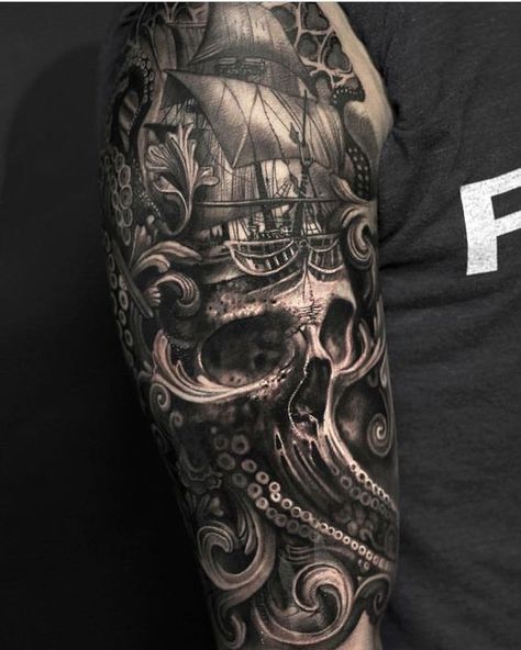 Pirate Tattoo Sleeve, Ship Tattoo Sleeves, Pirate Skull Tattoos, Pirate Ship Tattoos, Nautical Tattoo Sleeve, Octopus Tattoo Sleeve, Kraken Tattoo, Tattoo Wallpaper, Sanskrit Tattoo