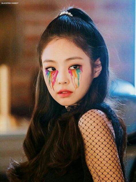 JENNIE BLACKPINK RAINBOW TEARS Rainbow Tears Makeup, Makeup Tears, Tears Makeup, Rainbow Tears, Eid Looks, Funky Makeup, Pride Makeup, Rainbow Makeup, Art References