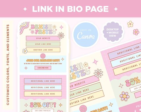 Link in Bio Canva Editable Template  in Danish Pastel Rainbow Colors - Instagram Link Landing Page - Cute Colorful Link in Bio Page Design Pastel Template, Link In Bio Design, Bio Template, Logo Edit, Pastel Rainbow Colors, Bio Design, Cute Twitter Headers, Free Handwriting, Cute Website