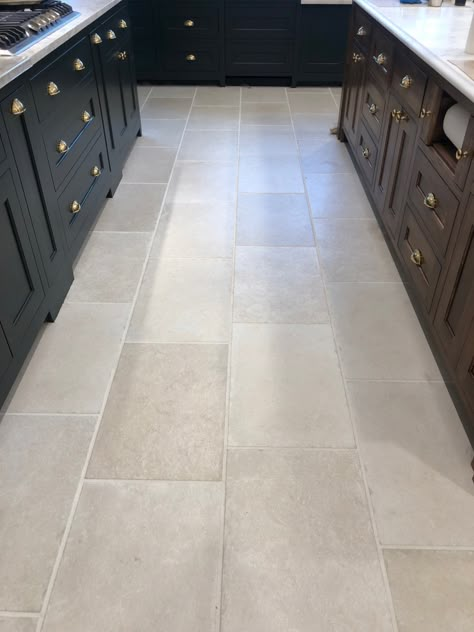 Neutral Kitchen Tile Floor, Neutral Kitchen Tiles, Large Kitchen Tiles, Plain English Kitchen, Large Floor Tiles, Limestone Floors, Limestone Floor Tiles, Neutral Tile, Devol Kitchens