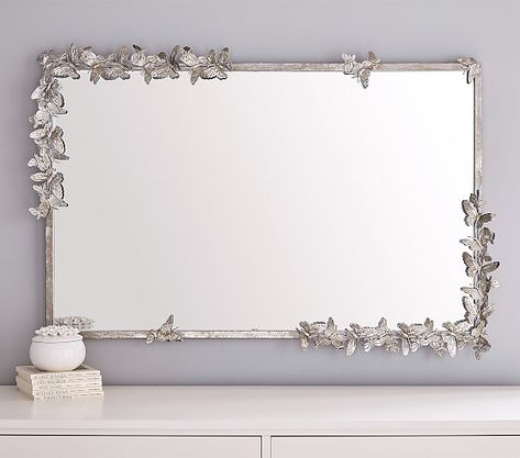 Monique Lhuillier Butterfly Rectangle Kids Mirror | Pottery Barn Kids Nursery Mirror, Mirror Pottery Barn, Mirror Pottery, Kids Mirrors, Butterfly Mirror, Rope Mirror, Flower Mirror, Pink Feathers, Rectangle Mirror