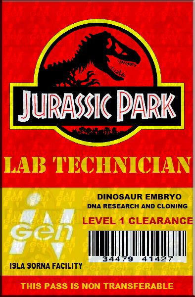 Feel free to download and print for use...do link me a photo if anyone does so! Jurassic Park Lab Tech ID Imprimibles Jurassic Park, Fête Jurassic Park, Jurassic Park Costume, Jurassic Park Jeep, Jurassic Park Birthday Party, Jurassic Park Party, Jurassic Park Birthday, Birthday Party At Park, Jurrasic Park