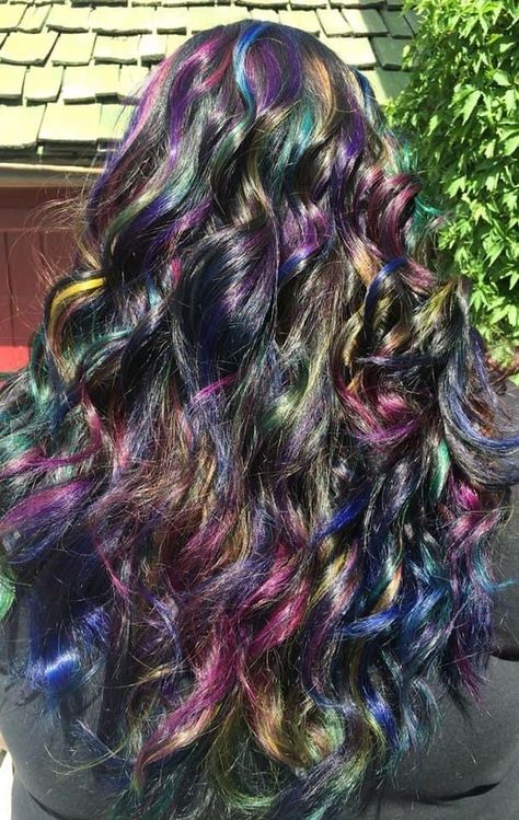 Colourful Hair Extensions, Oil Spill Hair Dye, Oil Spill Hair Color, Dark Rainbow Hair, Oil Spill Hair, Pravana Hair Color, Oil Slick Hair, Slick Hair, Pravana Vivids