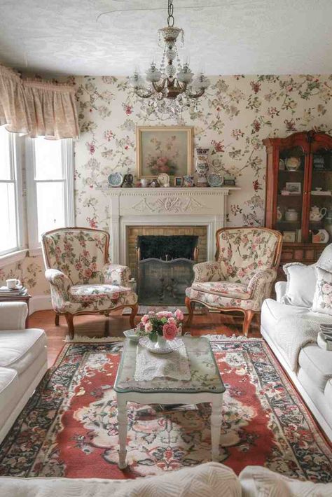 39 Grandmacore Aesthetic Ideas for Sweet and Pretty Home Decor Shabby Cottage Living Room, Grandma Aesthetic Room, Grandma House Aesthetic, Granny Core Aesthetic, Grandma Chic Decor, Grandmacore House, French Country Home Interiors, Grandma Room, Grandma Decor