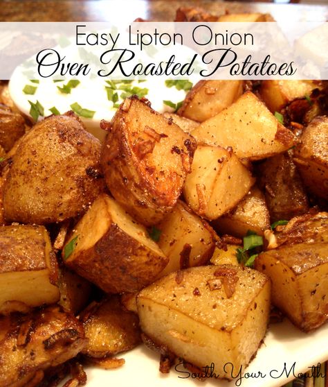 Easy Lipton Onion Roasted Potatoes (South Your Mouth) Lipton Potatoes, Onion Roasted Potatoes, Sides Thanksgiving, Onion Potatoes, South Your Mouth, Potatoes Easy, Lipton Onion Soup Mix, Oven Roasted Potatoes, Crockpot Pulled Pork