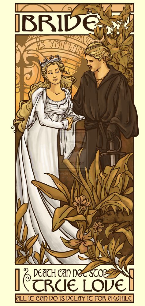 Bride by khallion.deviantart.com - Princess Bride fanart, art nouveau, based on Alfons Mucha. (Links to actual source on artist's deviantart gallery.) Princess Bride Art, The Princess Bride, Alfons Mucha, I Love Cinema, Fantasy Films, Alphonse Mucha, Princess Bride, Nerd Alert, Graphic Arts