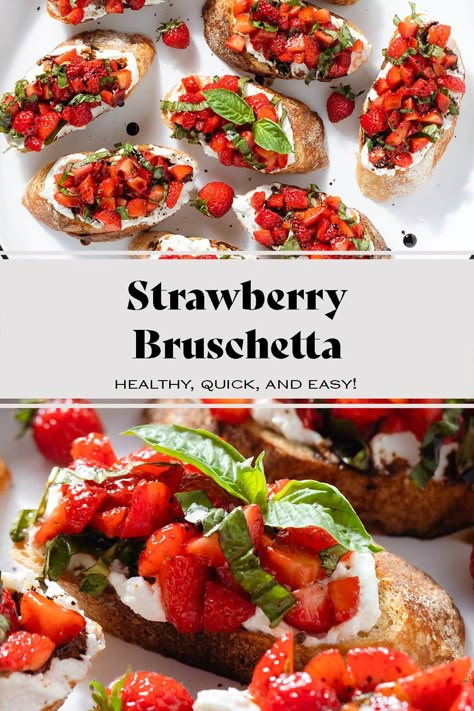 Strawberry Bruschetta Strawberry Appetizers, Fruit Bruschetta, Bruchetta Appetizers, Salmon Pesto Pasta, Strawberry Bruschetta, Pesto Tortellini Salad, Game Day Wings, Summer Dinner Parties, Salad Skewers