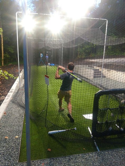 Backyard Batting Cage Ideas, Baseball Backyard, Baseball Basement, Batting Cage Backyard, Tiered Landscape, Softball Field, Backyard Sports, Batting Cage, Baseball Ideas