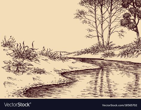 River Pen Drawing, Forest With Lake Drawing, River Flowing Drawing, River Stream Drawing, Water Landscape Drawing, River Perspective Drawing, River Drawing Reference, Forest River Drawing, River Pencil Drawing