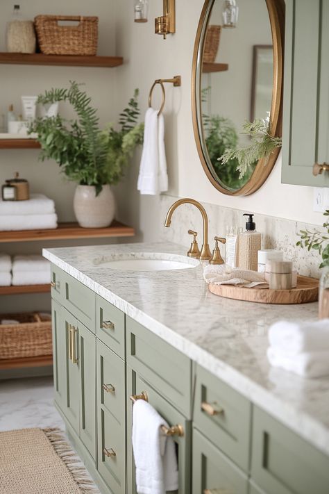 15 Sage Green Bathroom Ideas to Create a Calming Oasis – Elegant Inspo Sage Green Bathroom Ideas, Sage Green Bathroom, Light Green Bathrooms, Green Bathroom Ideas, Green Bathroom Vanity, Cottage Bathroom, Bathroom Redesign, Cottage Kitchens, Green Cabinets