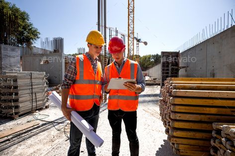 Civil architect and construction manager dressed in orange work vests and helmets discuss a building by leikapro. Civil architect and construction manager dressed in orange work vests and helmets discuss a building project on the m... #AD #manager, #dressed, #orange, #Civil Engineer Dress, Construction Manager, Safety Inspection, Engineering Consulting, Building Site, Construction Safety, Staff Training, Regulatory Compliance, App Design Inspiration