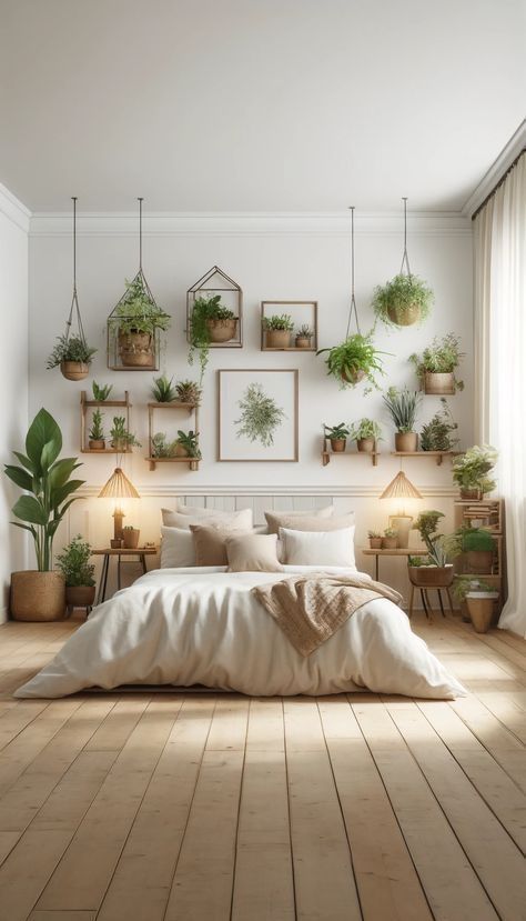 Green And Earthy Bedroom, Nature Inspired Rooms Bedrooms, Plant Wall Above Bed, Clean Earthy Bedroom Aesthetic, Bedroom Decor Natural Earthy, White Bedroom With Plants Aesthetic, Plant Themed Bedroom Aesthetic, Neutral Bedroom With Plants, Warm Tone Bedroom Aesthetic