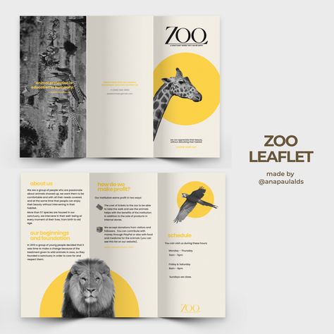 design brochure animals black white yellow aesthetic simple minimalistic graphic illustration illustrator Zoo Flyer Design, Zoo Pamphlet, Zoo Brochure Design, Graphic Design Leaflet, Layout Design Brochure, Brosure Design Layout, Trifold Brochure Design Layout Creative, Zoo Flyer, Brochure Design Creative Graphics