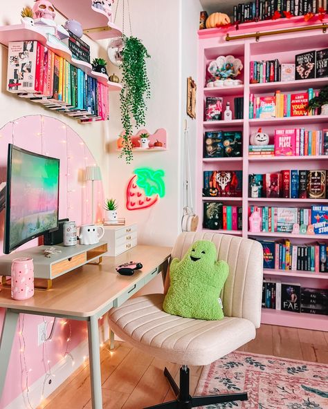 happy friday 💖 my little cozy gaming space is pretty much finished for now! waiting for my husband & brother to finish building my pc so i’m using the switch in the meantime 🫶🏻 putting this space in my library was the best idea, i’m having so much fun creating this room full of books, cozy games, legos & of course pink 🎀🧸🫧🌸🍓🪩✨ big thank you to @rugfiendz for sending me the super cute taylor swift rug! it matches my room perfectly ☺️ Pink Office Aesthetic, Room Full Of Books, Lego Library, Cute Taylor Swift, Books Cozy, Cozy Games, Cozy Gaming, Gaming Space, Office Aesthetic