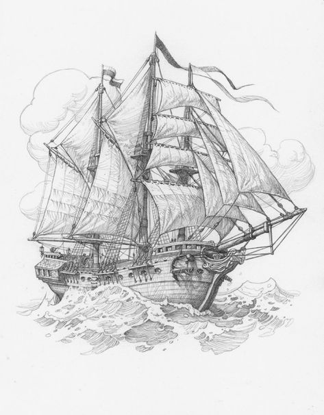 Sail Ship Art, Drawing Pirate Ship, Mark Zug Art, Pirate Ships Drawings, How To Draw Ship, Ship Wreck Drawing, How To Draw A Ship, Ship Pencil Drawing, Old Ship Drawing