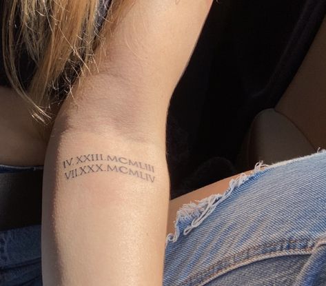 Roman Numeral Tattoo Ideas For Women, Roman Numeral Wrist Tattoos For Women, Roman Numeral Tattoo Arm, Roman Numeral Wrist Tattoo, Roman Numeral Font, Dates Tattoo, Roman Numeral Date Tattoo, Mia Tattoo, Birthdate Tattoo